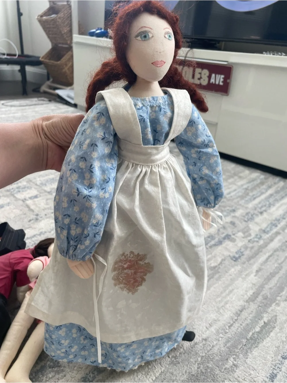 Handmade Redhead Cloth Doll in Blue Floral Dress and Cream Apron
